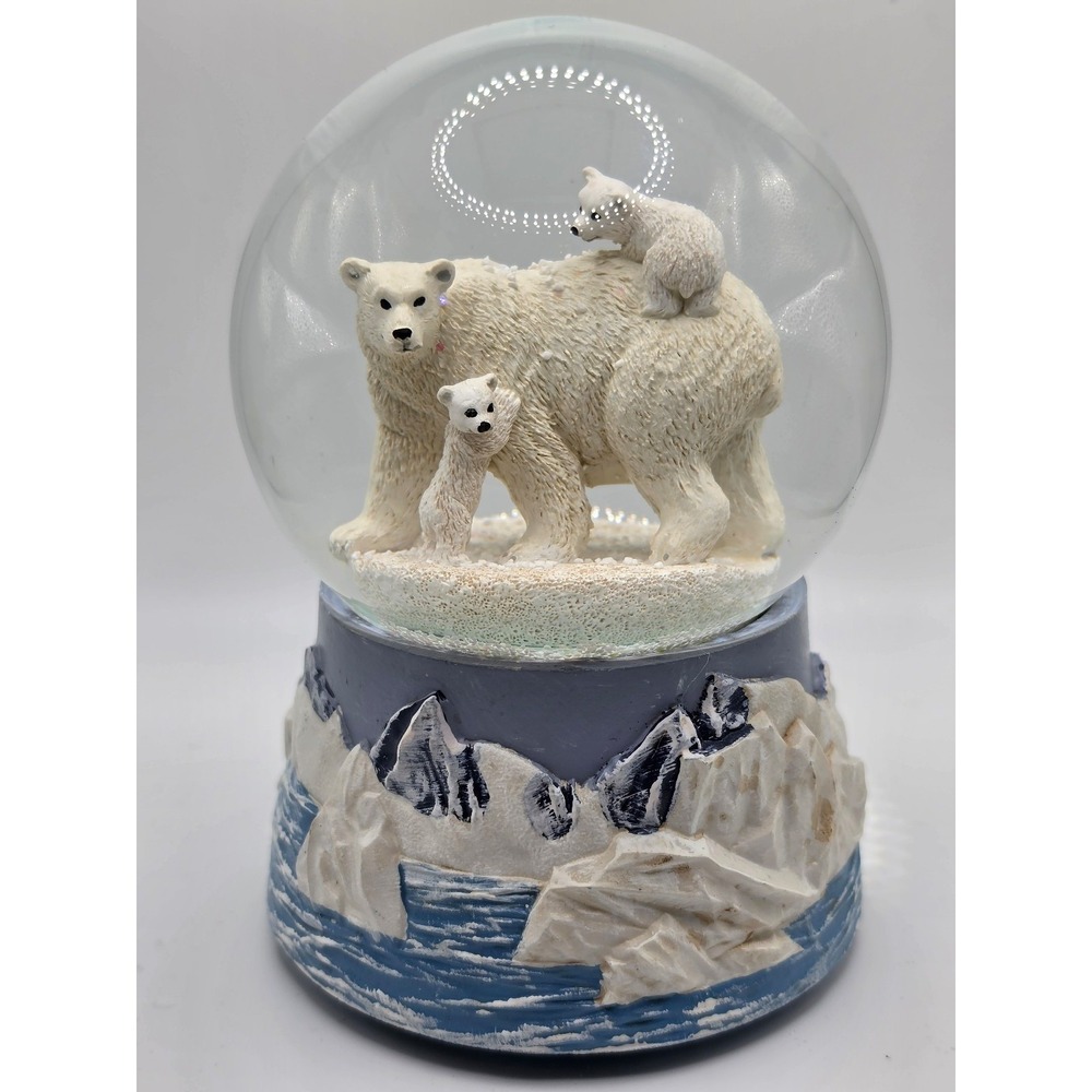 Polar Bear Family Snowy Mountain Musical Christmas Snow Globe "Joy to the World"
